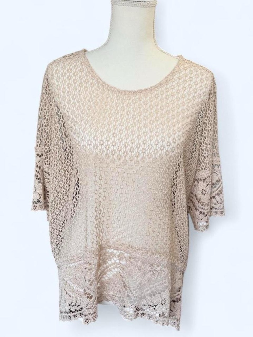 Nina Openwork Lace Knit Tunic in Beige